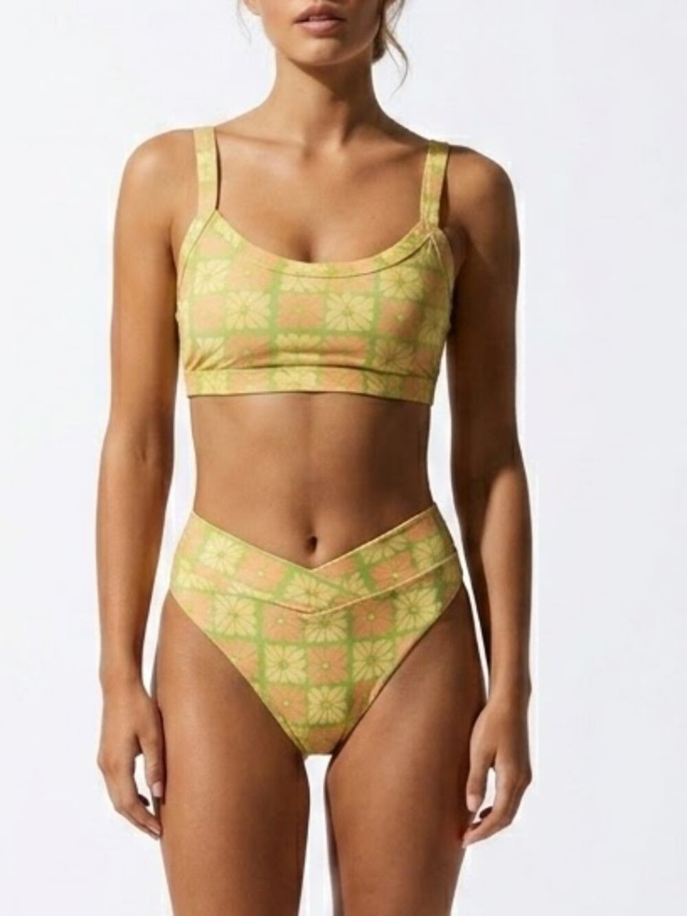 Dippin Daisys Retro Floral Bikini Set M Crossover High Waist Orange Green Swim